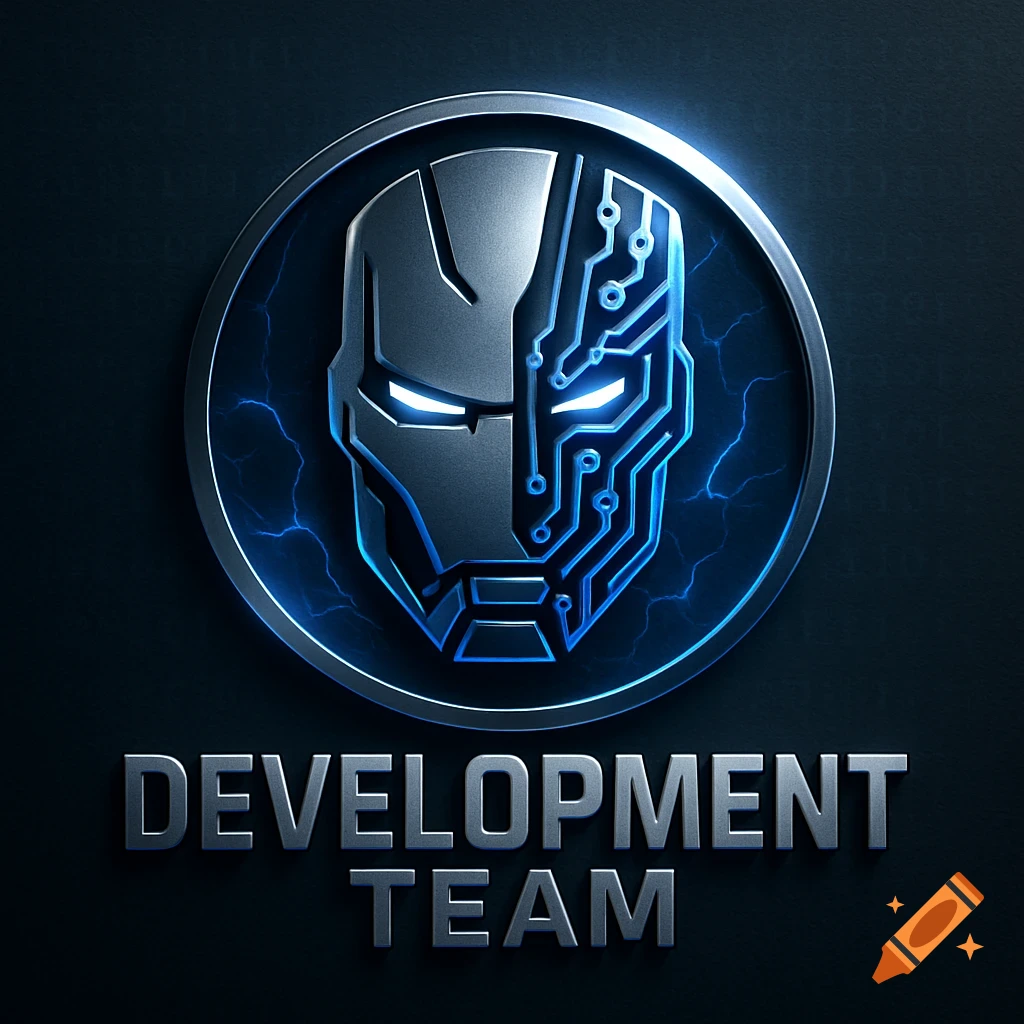 A metallic silver and blue logo featuring a stylized mask, half superhero and half circuit board, above the words "DEVELOPMENT TEAM".