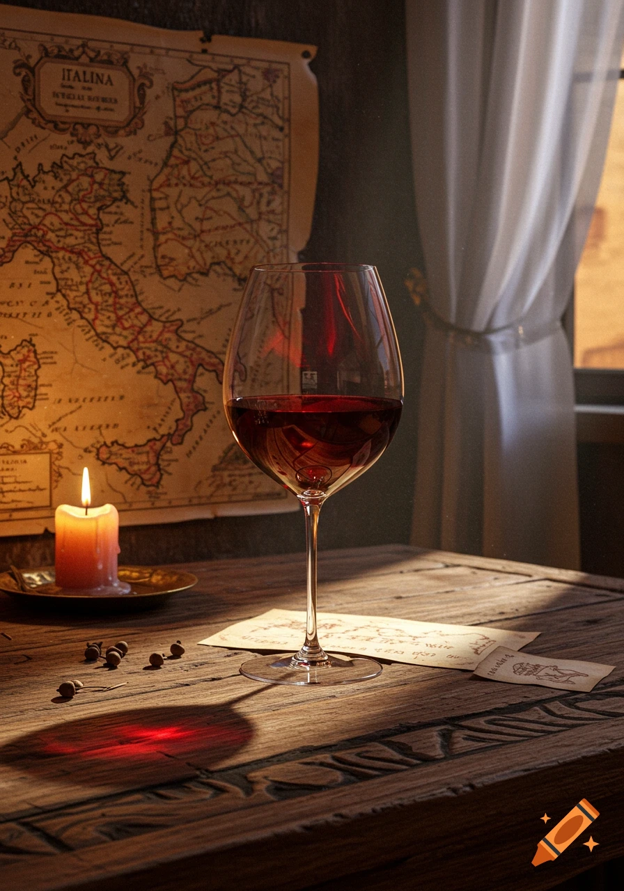 Photorealistic still life of a glass of red wine, a lit candle, and an old map of Italy on a rustic wooden table.