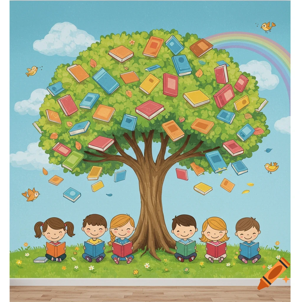 Whimsical cartoon illustration of children reading under a 'Tree of Knowledge' with book-leaves, birds, and a rainbow.