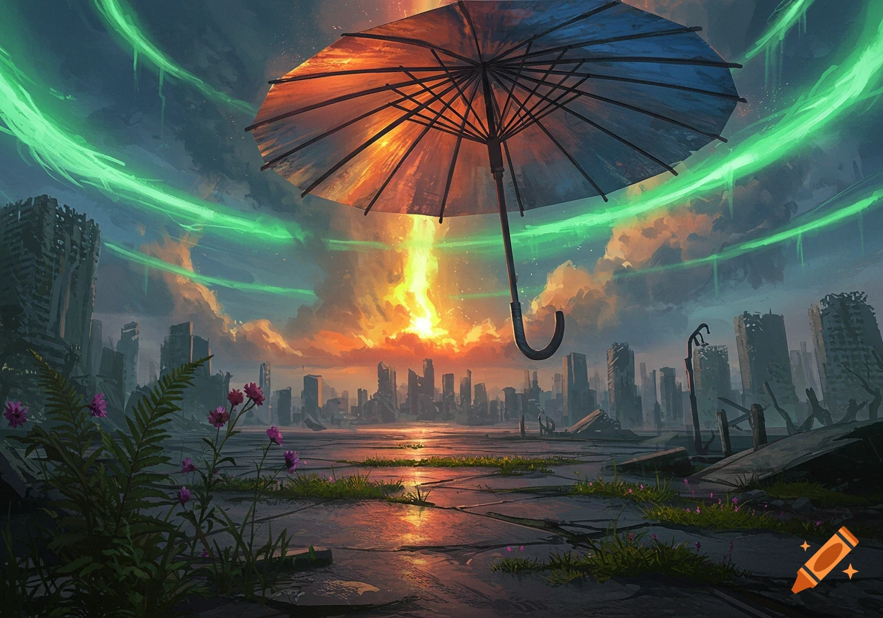 A large umbrella floats over a ruined cityscape at sunset with a bright orange beam and green energy in the sky, painterly style.
