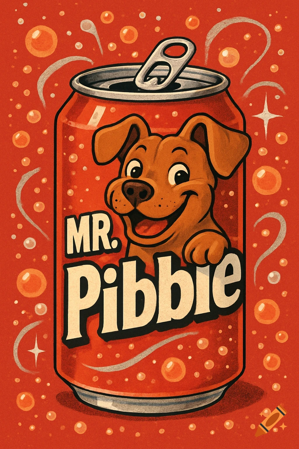 Cartoon illustration of a red soda can featuring a happy brown dog on the label that reads 'MR. Pibble', surrounded by bubbles.