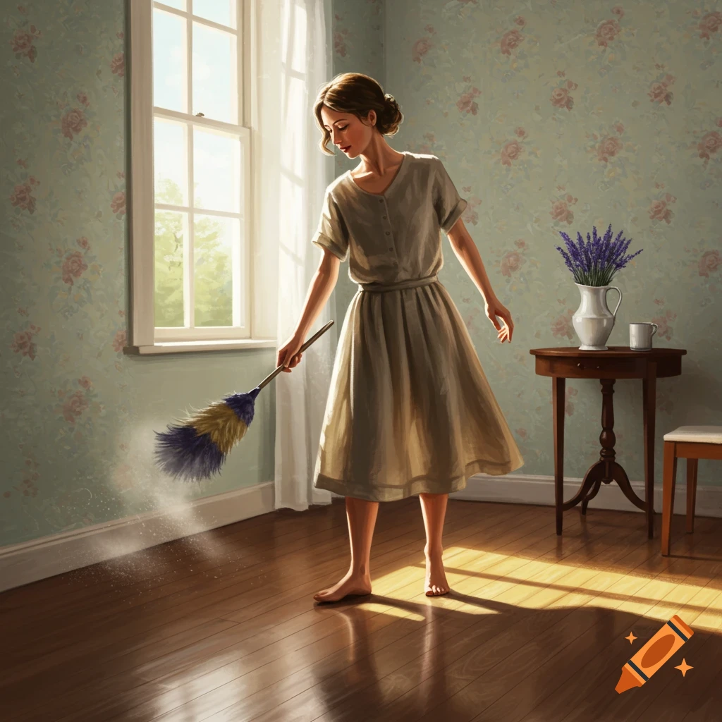 A woman in a dress sweeps dust from a wooden floor near a sunny window in a room with floral wallpaper.