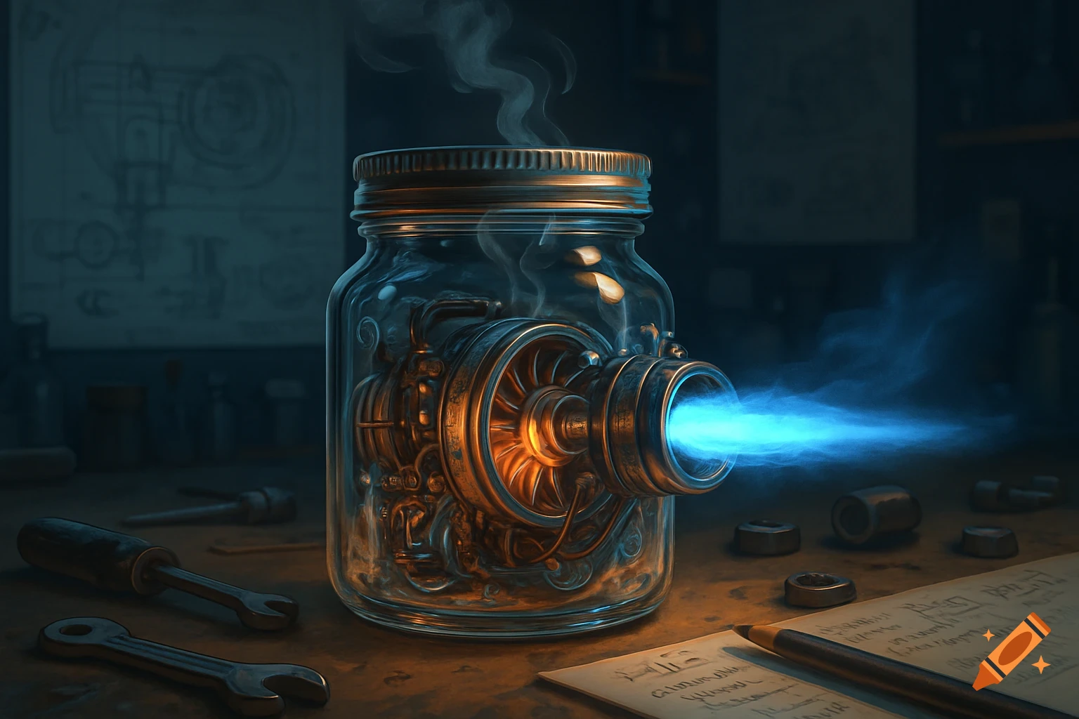 A glowing, intricate steampunk-style engine device within a glass jar, emitting a blue jet of energy, on a cluttered workbench.