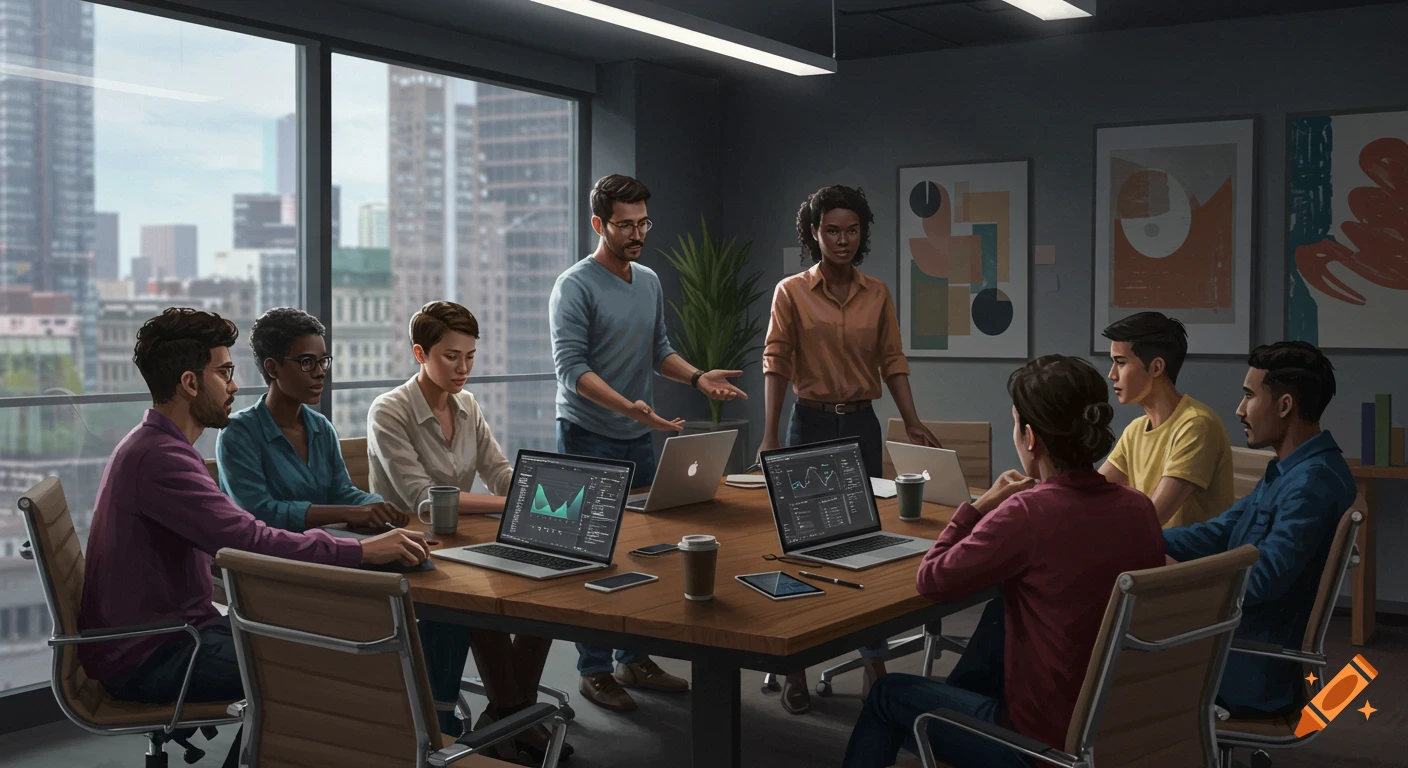 A diverse team of professionals in a modern office meeting room, cityscape view, discussing data on laptops. Digital illustration.