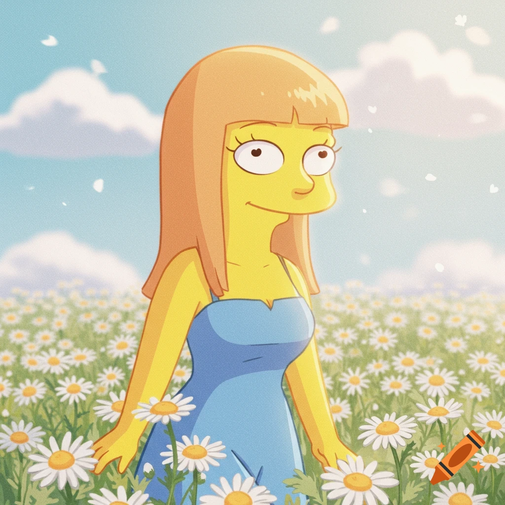 Cartoon character Jessica Lovejoy from The Simpsons with long brown hair, wearing a blue dress in a field of daisies under a blue sky.