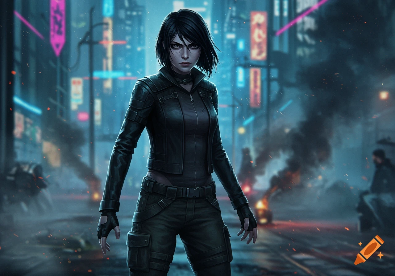 A female character with short dark hair and a stern expression stands in a dark, neon-lit cyberpunk city street with smoke and debris.