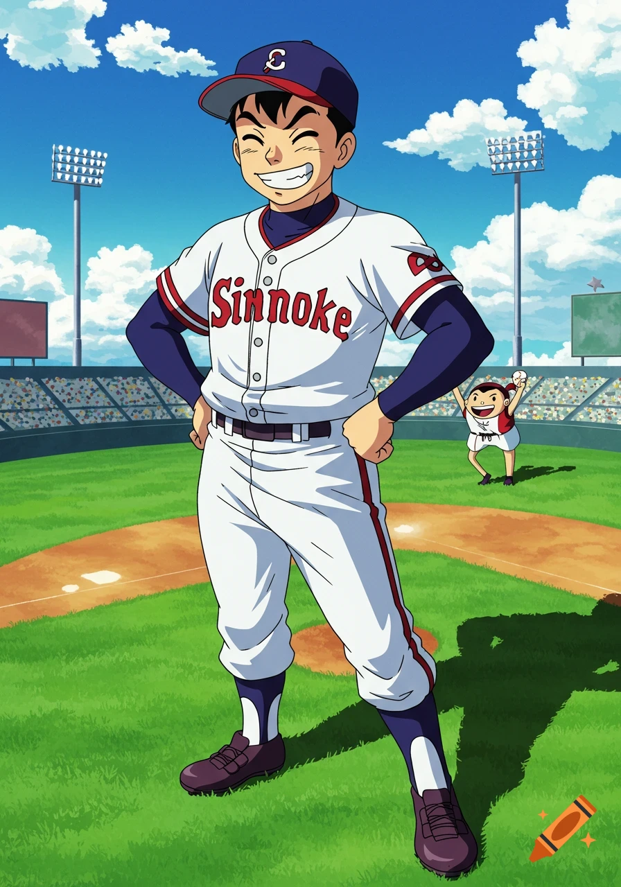An anime boy in a baseball uniform stands on a field with a stadium in the background, smiling with hands on his hips.