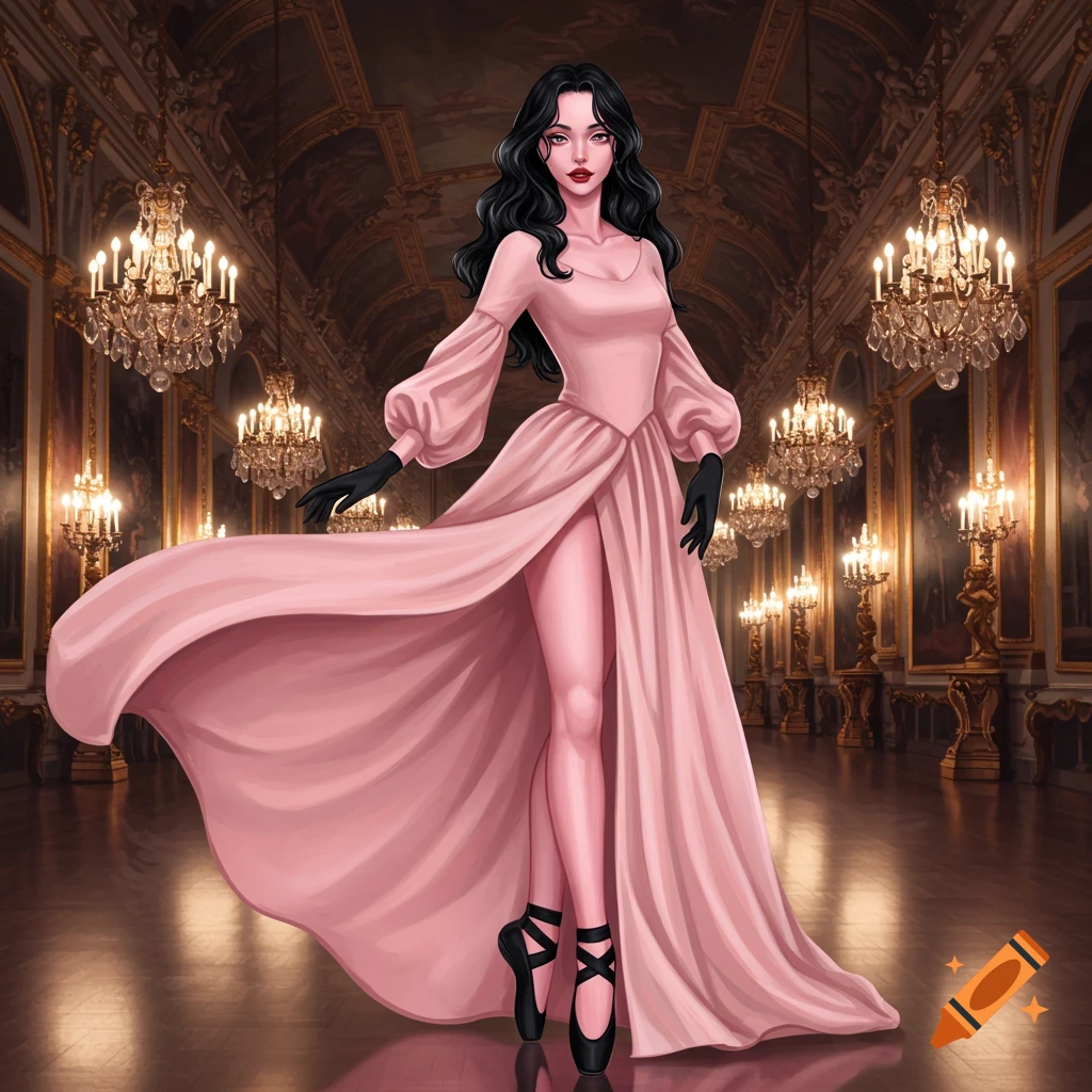 A woman with black hair in a flowing pink dress with a high slit, black gloves, and ballet shoes stands in a grand ballroom with chandeliers.