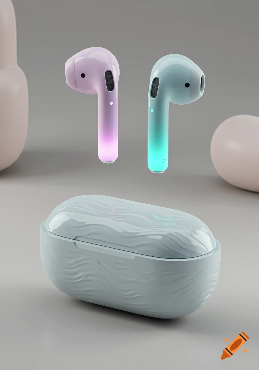 Two futuristic AirPods, one purple-pink gradient and one teal-blue gradient, float above a light blue charging case with a wave pattern.