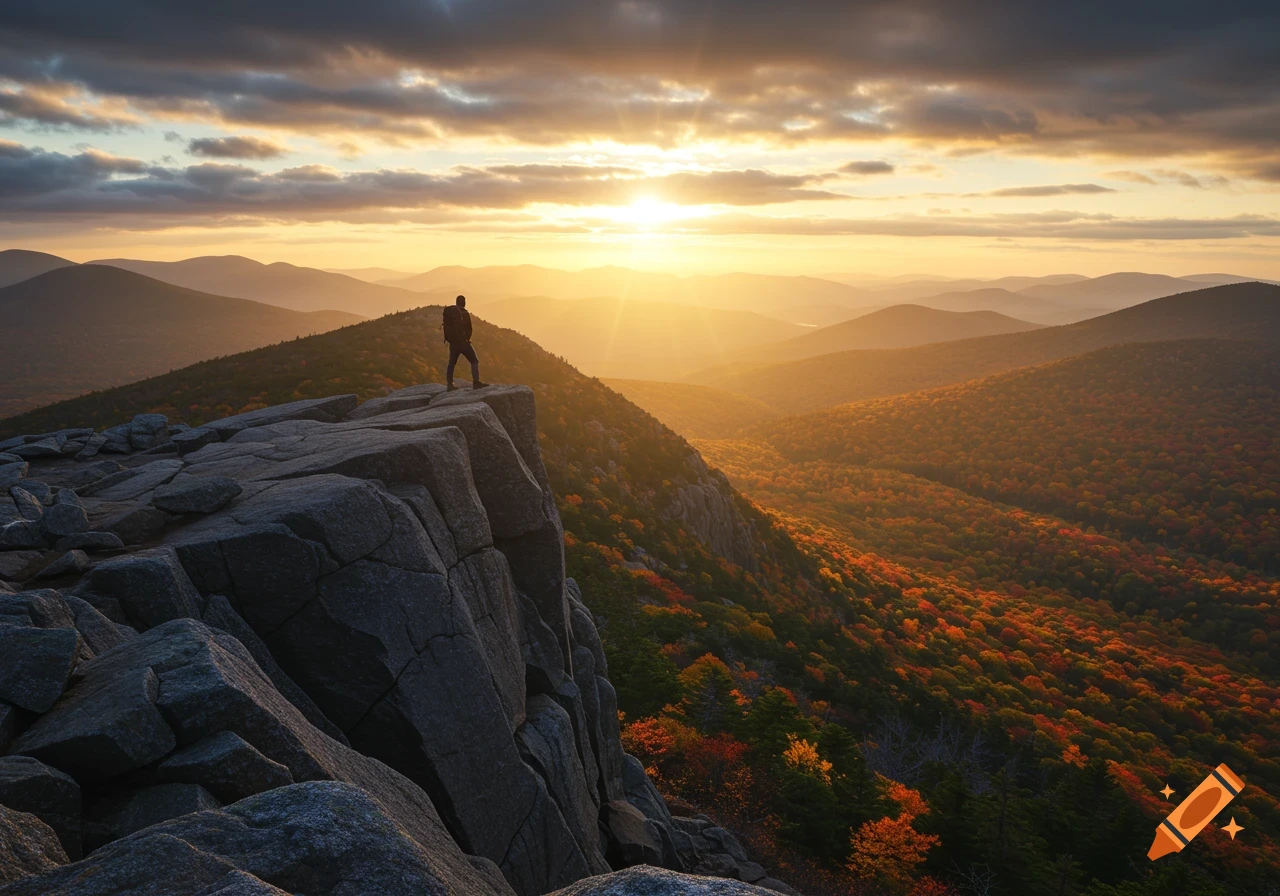 A hiker stands on a rocky mountain peak, silhouetted against a golden sunrise over an autumn forest valley.