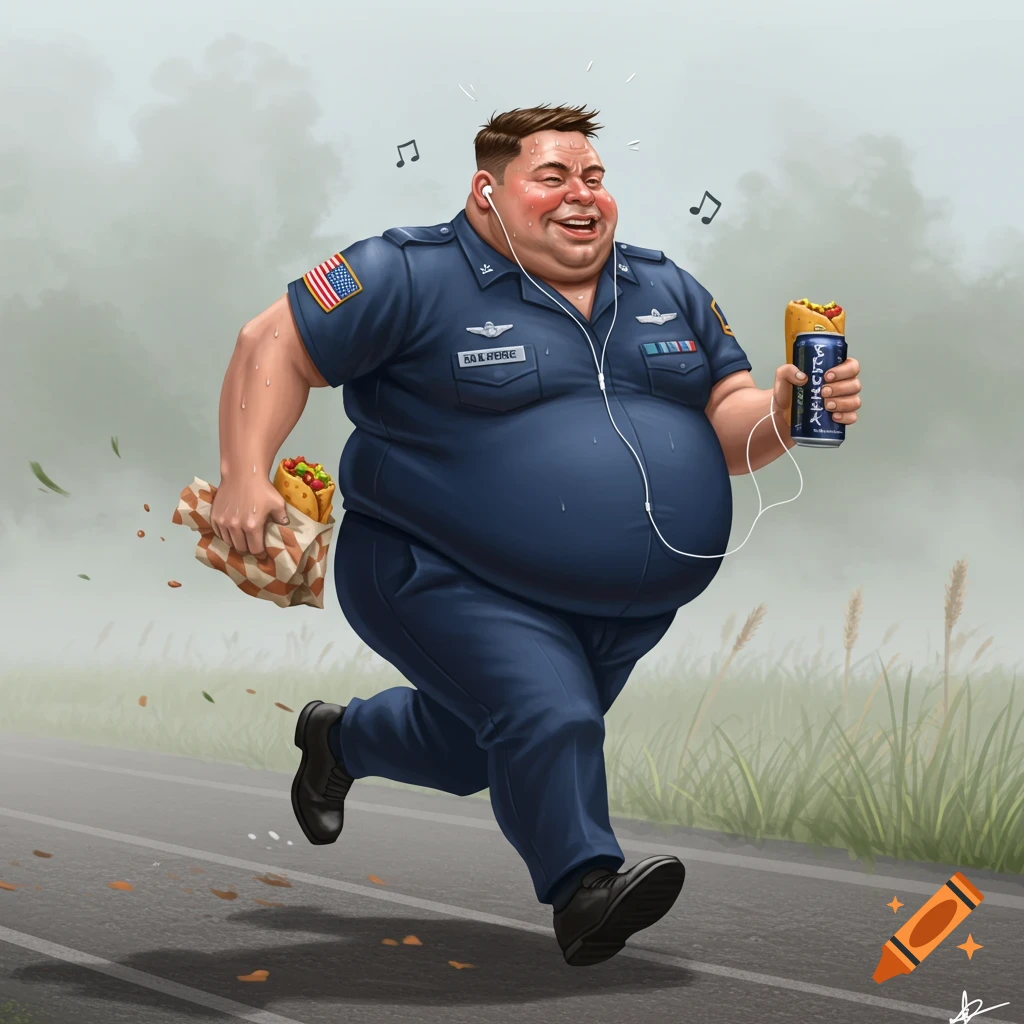 A jovial, overweight man in a blue uniform, earbuds in, runs with a burrito and a can, smiling broadly.