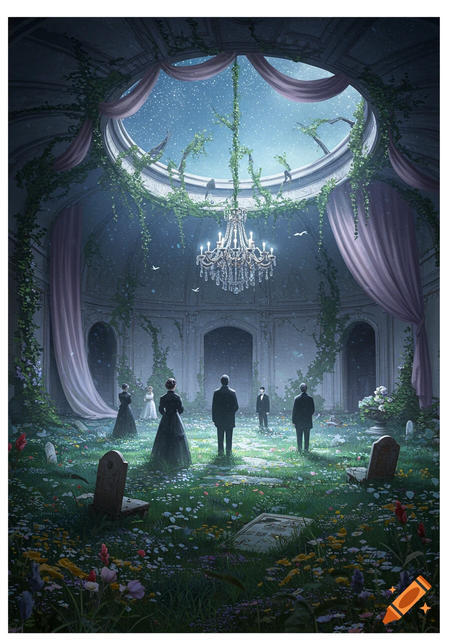 People in dark attire stand in an overgrown, decaying grand hall with grave markers, bathed in moonlight from an open skylight.