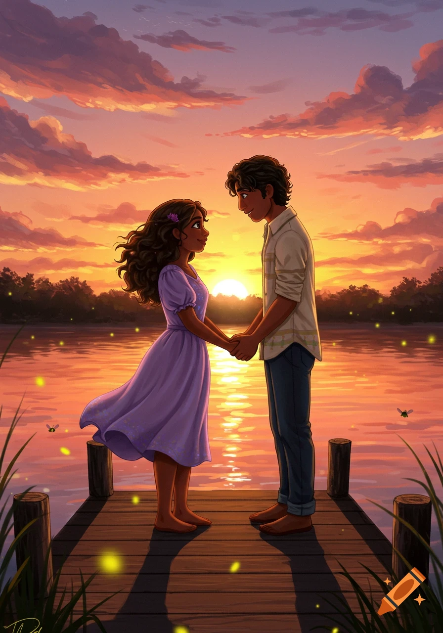 A man and woman hold hands on a wooden dock by a lake at sunset, surrounded by fireflies, in a stylized illustration.