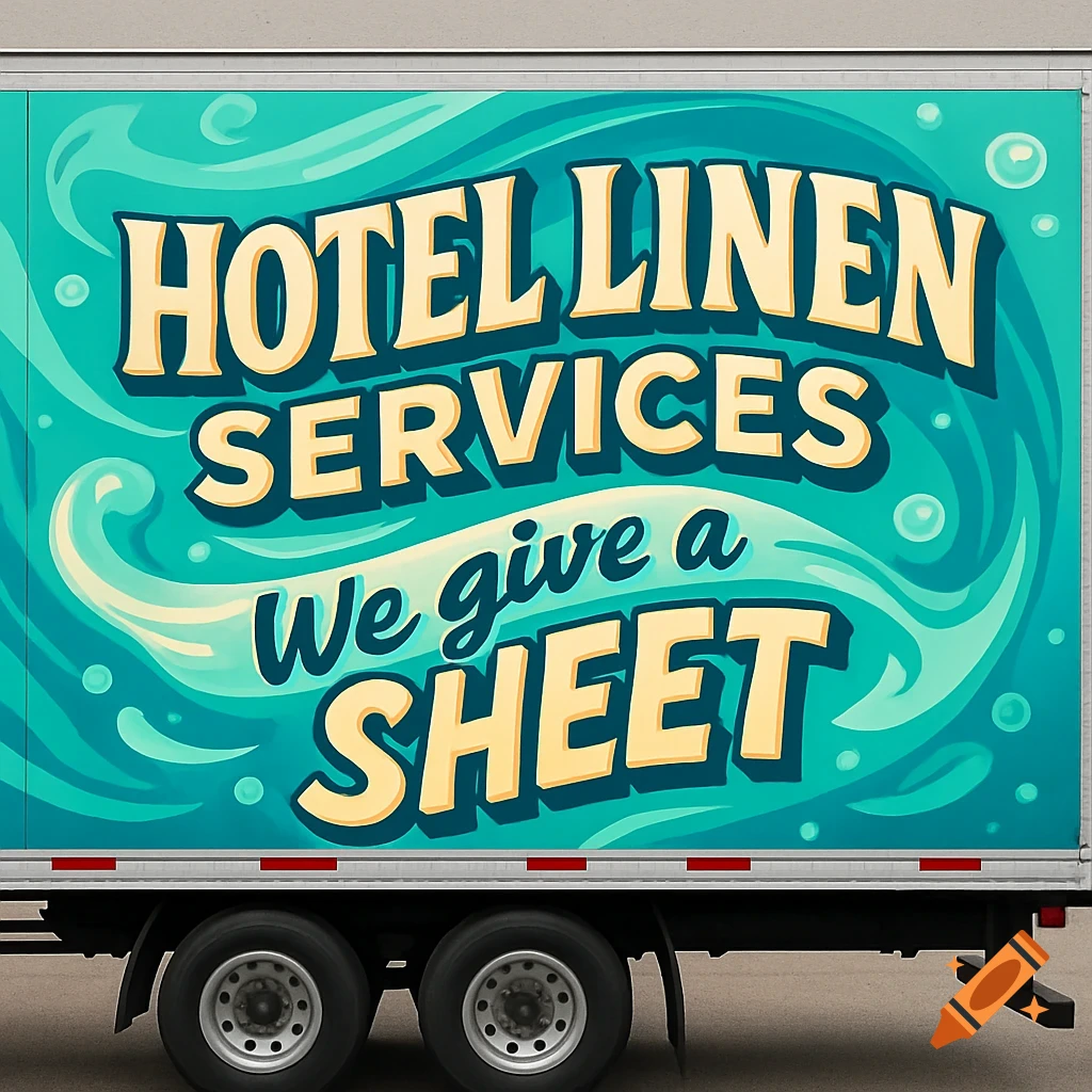 A semi-trailer truck with a vibrant aqua-themed decal for 'HOTEL LINEN SERVICES' that humorously states 'We give a SHEET'.