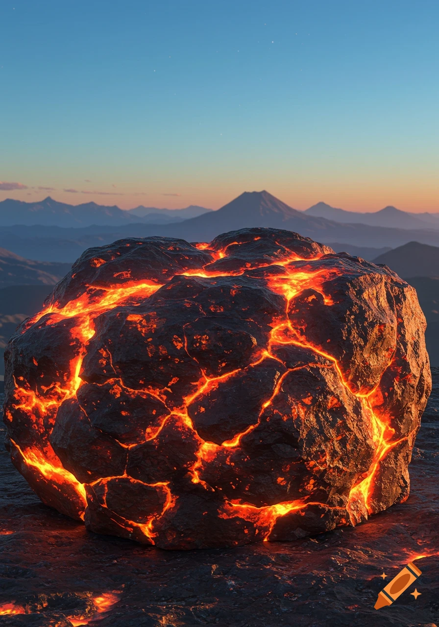 A large, glowing igneous rock with bright orange lava cracks sits on a rocky plain, under a sunset sky with distant mountains.