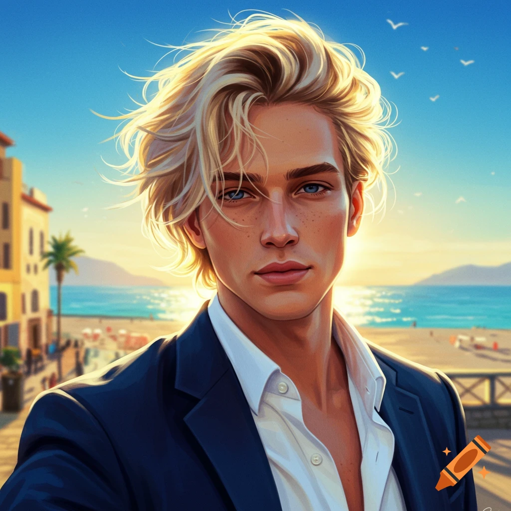 Handsome blond man with blue eyes in a blazer against a sunny beach and town, digital illustration.