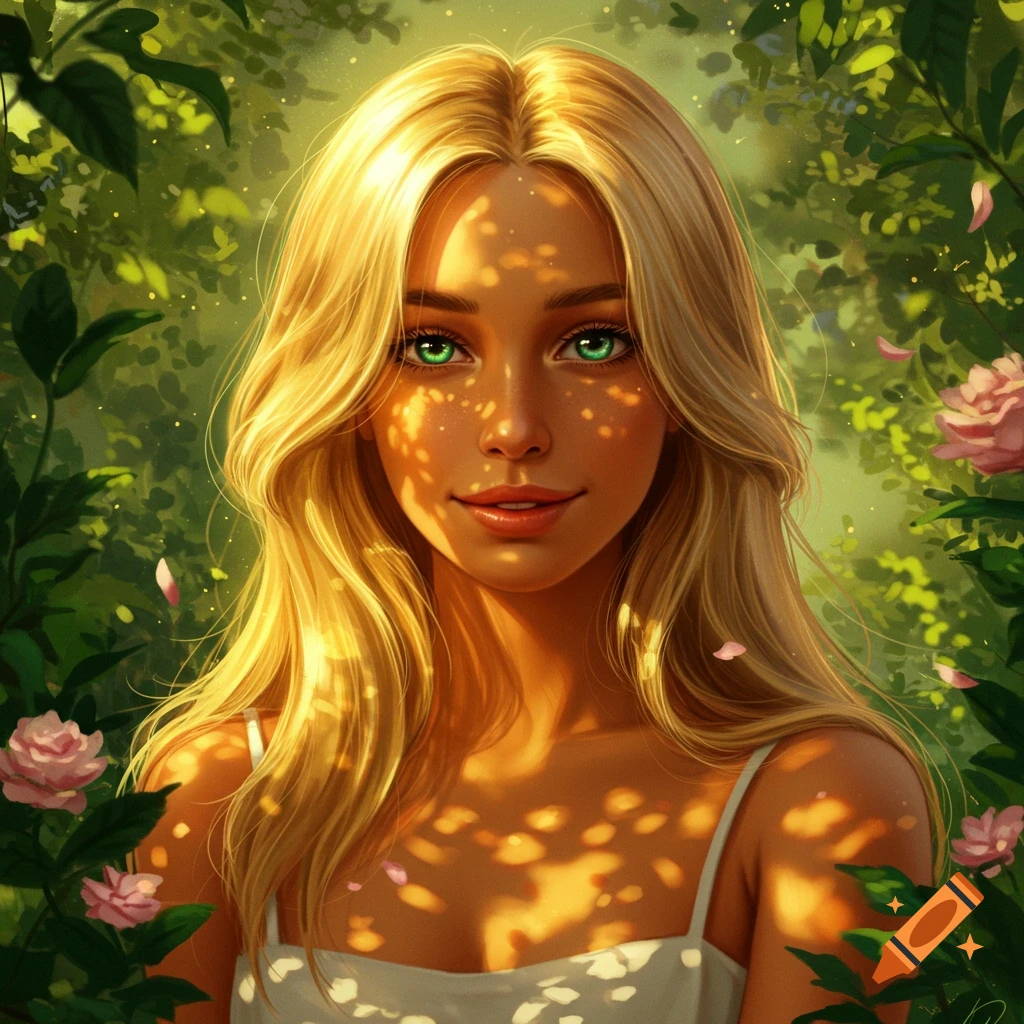 A bright, stylized portrait of a smiling woman with long blonde hair and green eyes, bathed in dappled sunlight in a lush green forest.