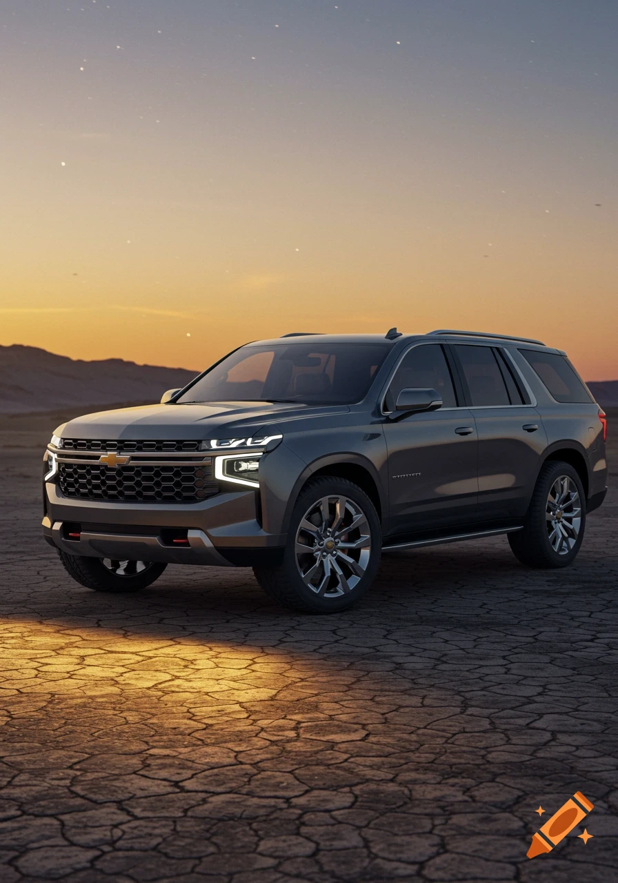 A dark gray Chevrolet SUV with headlights on, parked on cracked desert ground at sunset with mountains in the background.