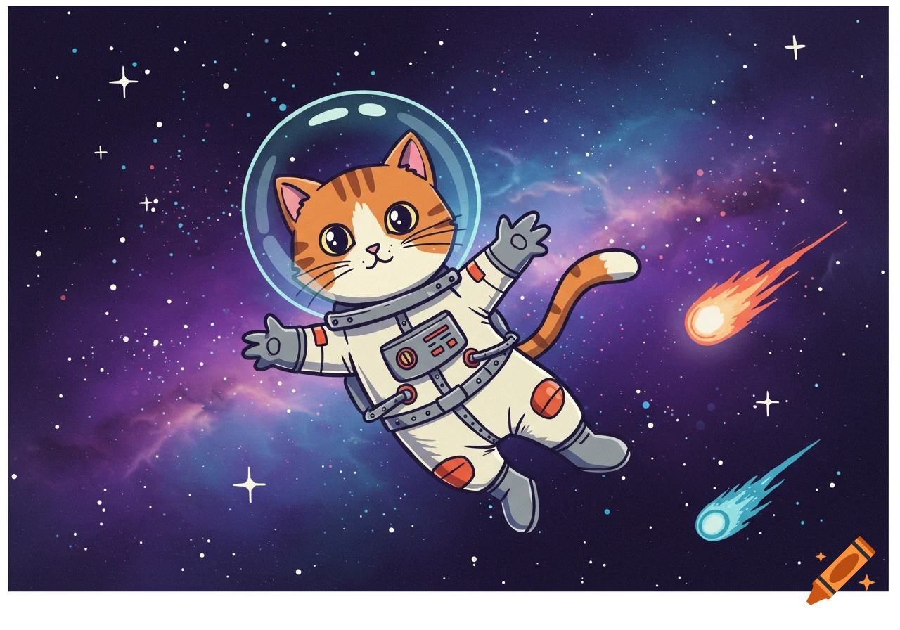Cartoon-style cat astronaut floats in a starry purple and blue galaxy with two fiery meteors.