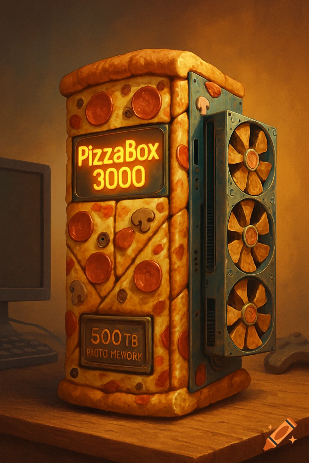A computer tower shaped like a pepperoni and mushroom pizza with crust, labeled 'PizzaBox 3000' and '500 TB', with three cooling fans on the side.
