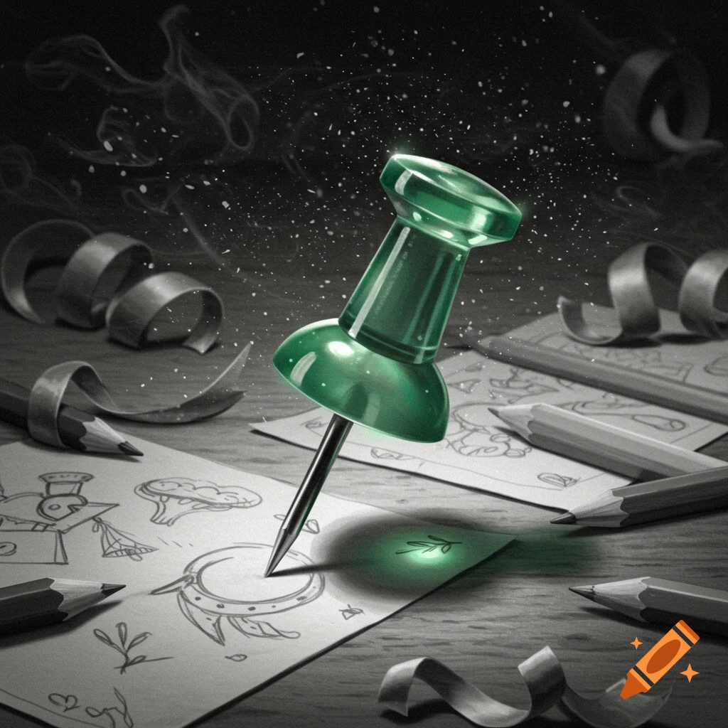A glowing green thumbtack piercing a sketch on paper, surrounded by pencils and pencil shavings in a dark, atmospheric setting.