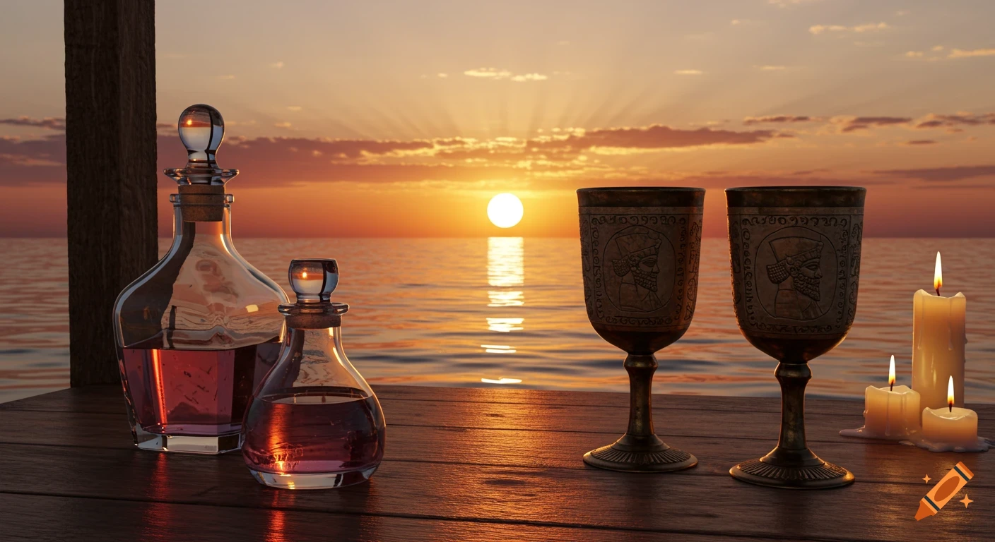 Photorealistic image of two ornate goblets, two decanters, and three lit candles on a wooden pier against a vibrant sunset over the sea.