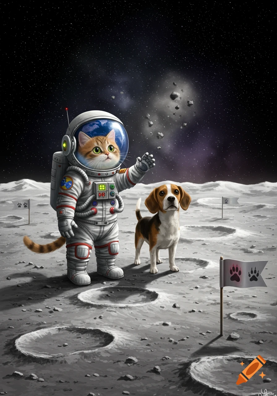 A cartoon cat in an astronaut suit and a beagle dog stand on the moon's surface, with paw print flags and asteroids in space.