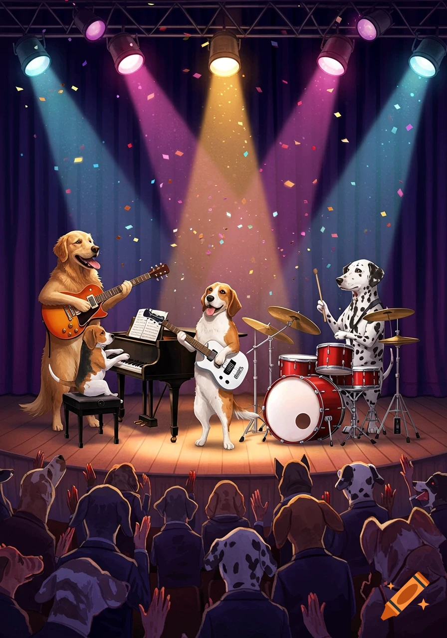Cartoon dogs play instruments on a brightly lit stage for an audience of dogs, with confetti falling.