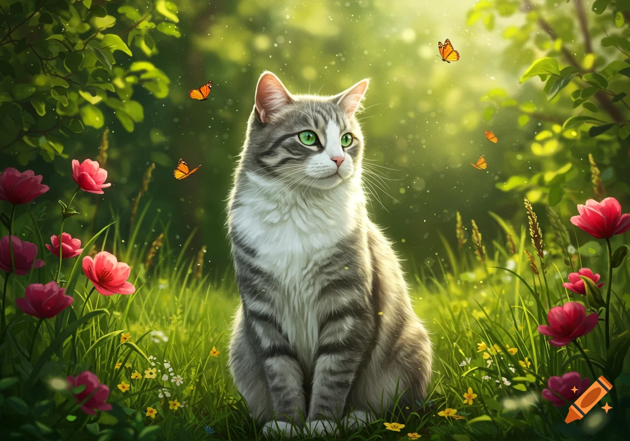 A photorealistic gray tabby cat with green eyes sits in a sunny meadow among pink flowers and butterflies.