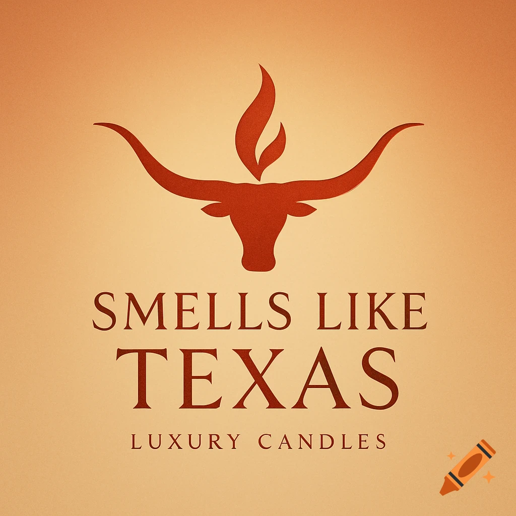 A rustic logo features a red longhorn bull head with a stylized flame above it, on an orange textured background. Text reads 'SMELLS LIKE TEXAS LUXURY CANDLES'.