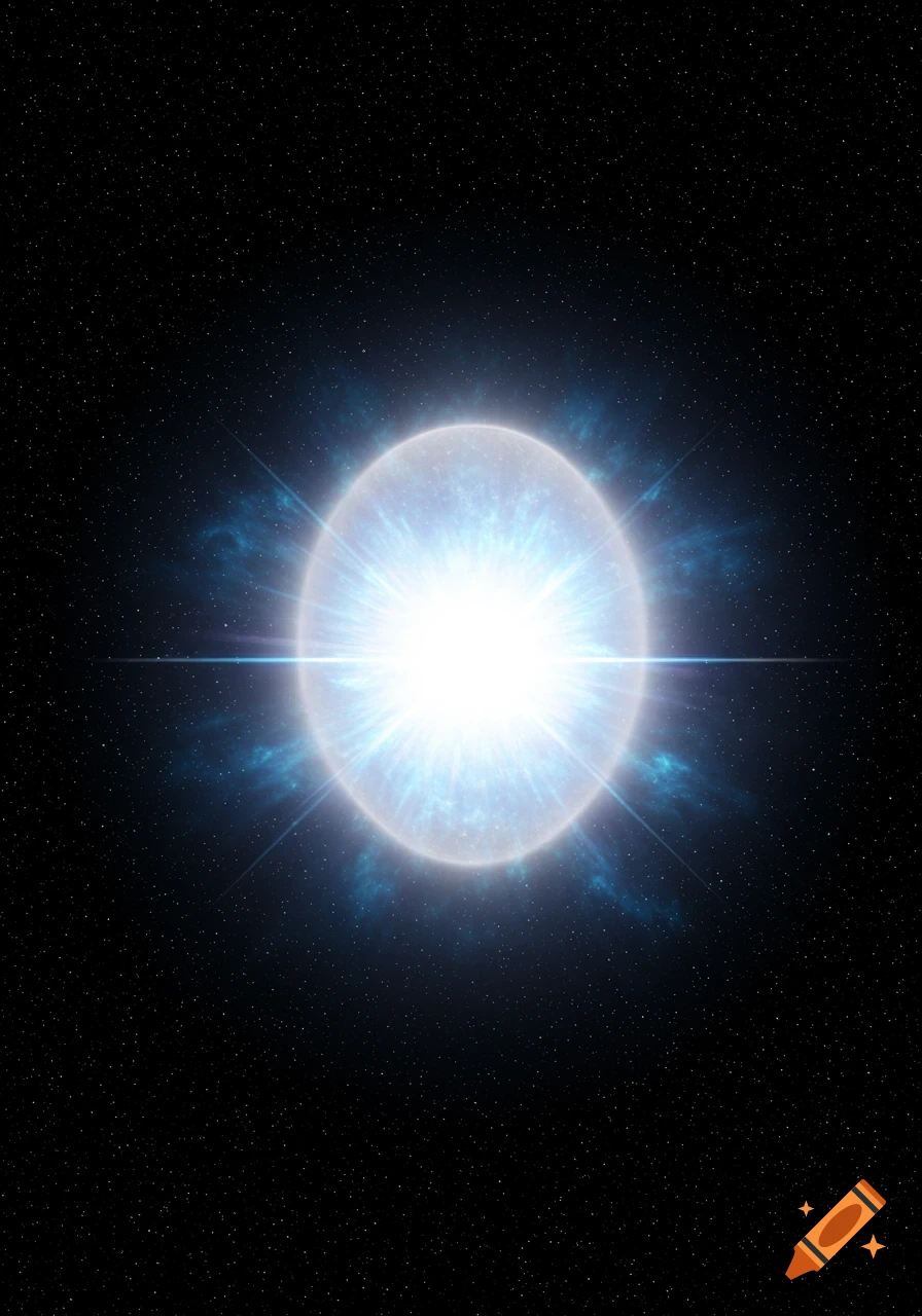 A luminous white-blue star with an energetic halo and faint blue nebula against a dark starry sky.