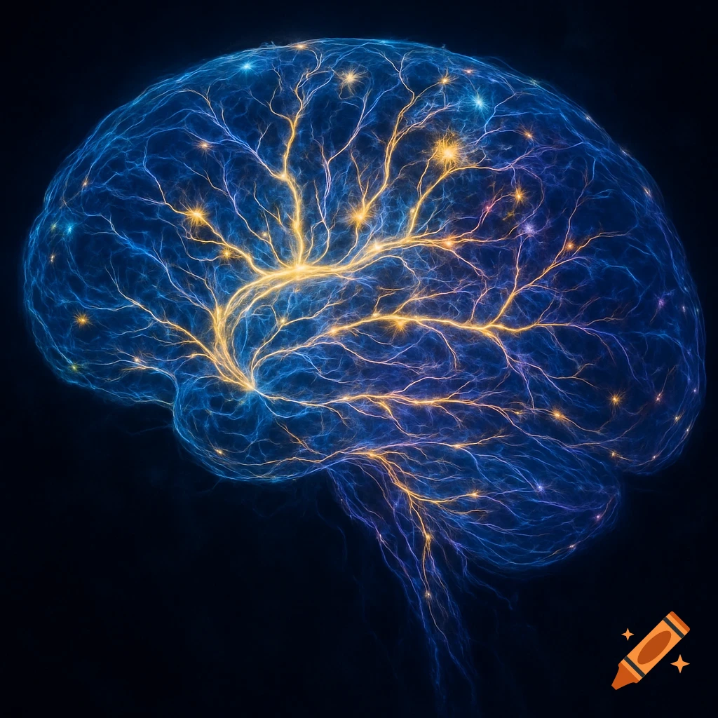 A stylized glowing human brain with intricate blue and yellow neural pathways against a dark background.
