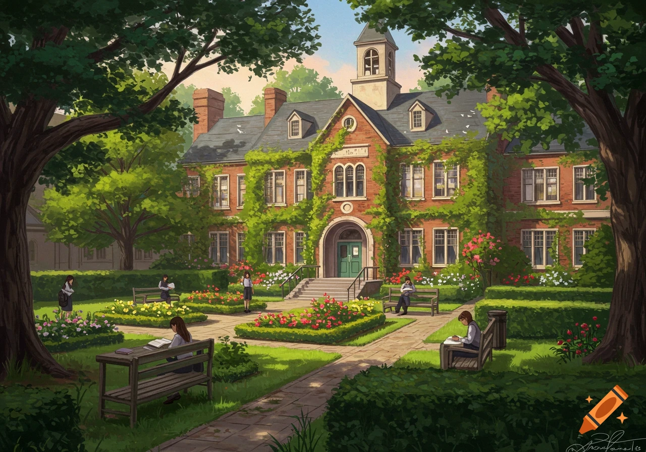 An anime-style illustration of a grand ivy-covered brick school building with a bell tower, surrounded by a lush garden with students reading and relaxing on benches.