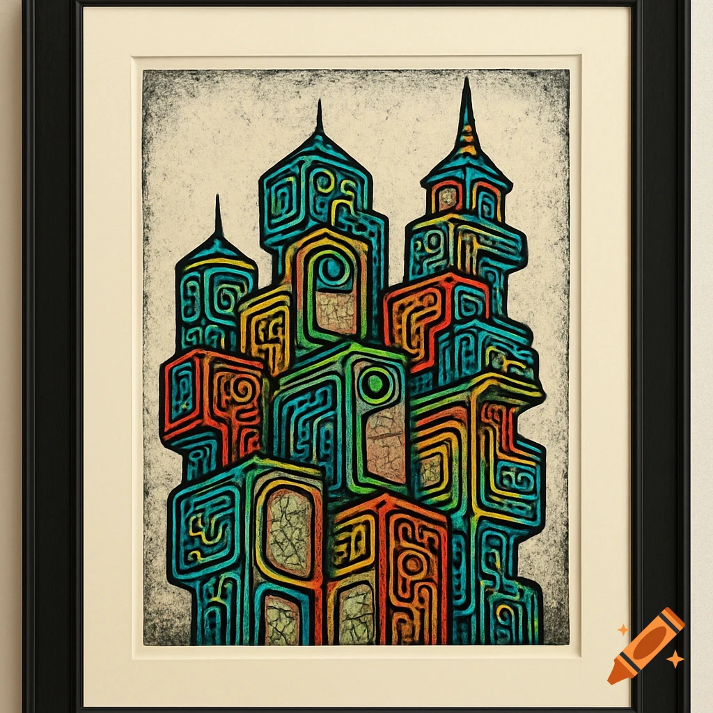 A colorful abstract monoprint of stacked, intricately patterned architectural forms, framed in black with a cream mat.