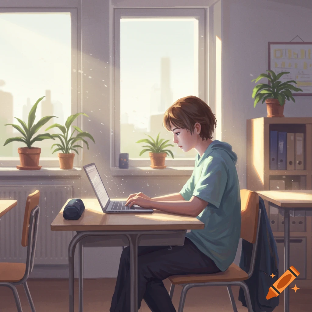 An anime-style illustration of a student working on a laptop in a sunny classroom with plants on the windowsill.