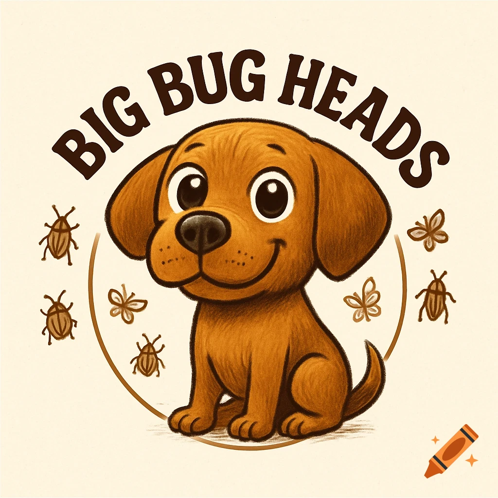 Cartoon illustration of a smiling brown dog with 'BIG BUG HEADS' text, surrounded by cartoon bugs.