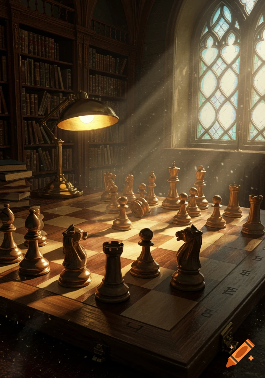 Photorealistic chess set on a wooden board in a dimly lit, atmospheric library with sunlight from a Gothic window.