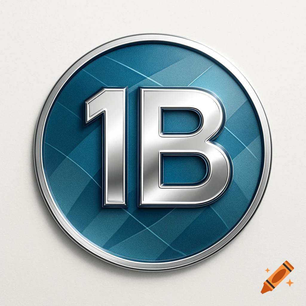 A metallic silver '1B' on a round blue textured background with a chrome border, casting a shadow on a white surface.