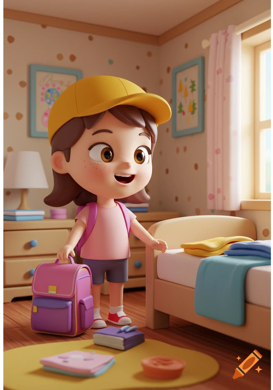A cute 3D cartoon preschool girl wearing a yellow hat and pink shirt stands in her bedroom, holding a pink school bag, with clothes on the bed and bright morning light.