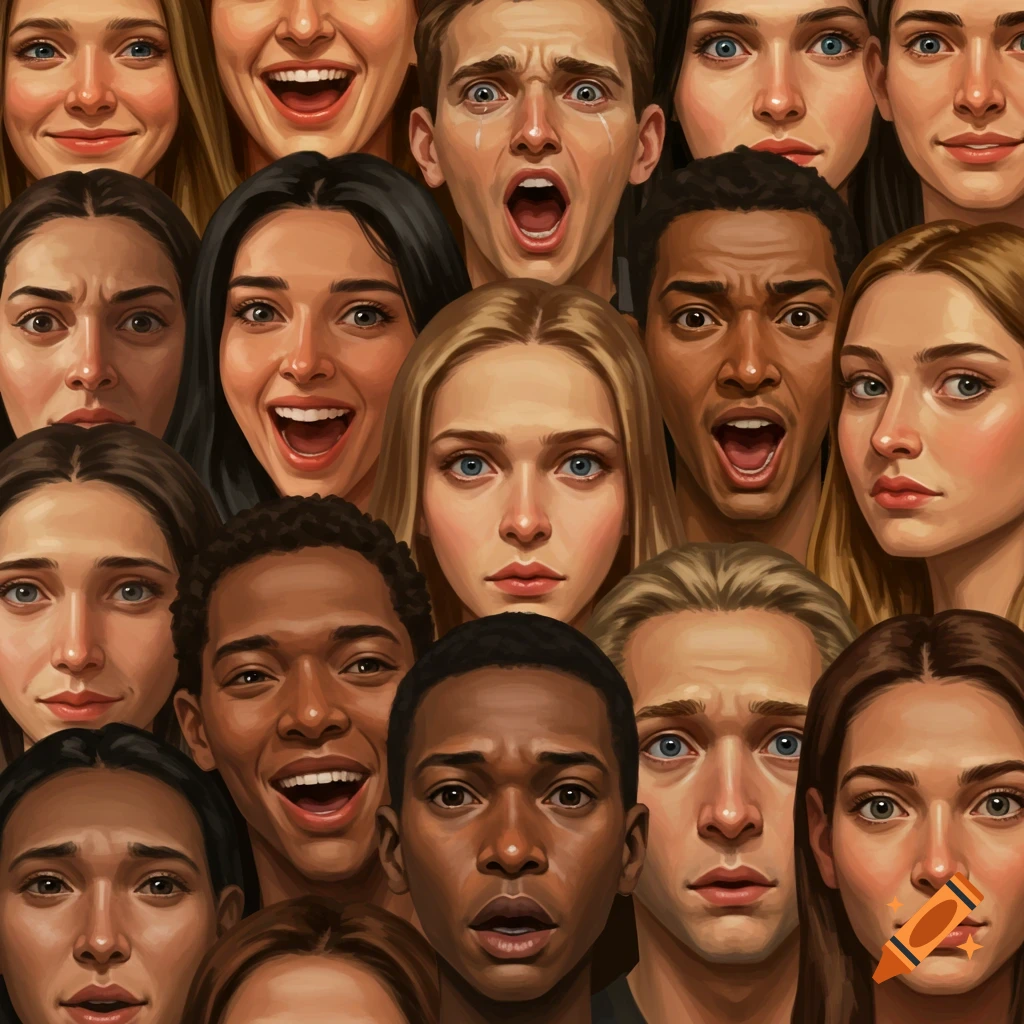 A mosaic of diverse faces with varied emotions, including joy, fear, and surprise, in an illustrative style.