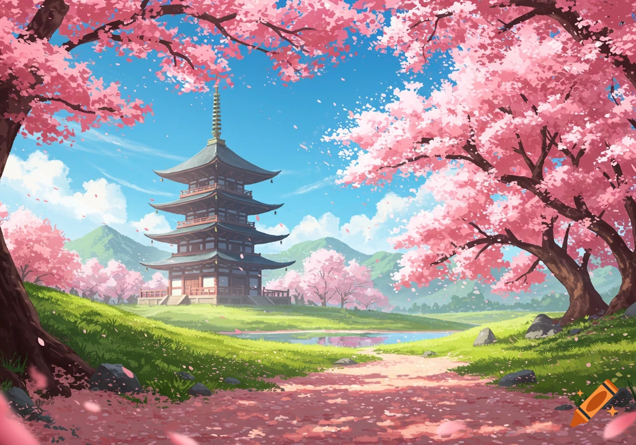 Vibrant anime Japanese landscape with a pagoda amidst pink cherry blossom trees, a path, a pond, and mountains under a blue sky.