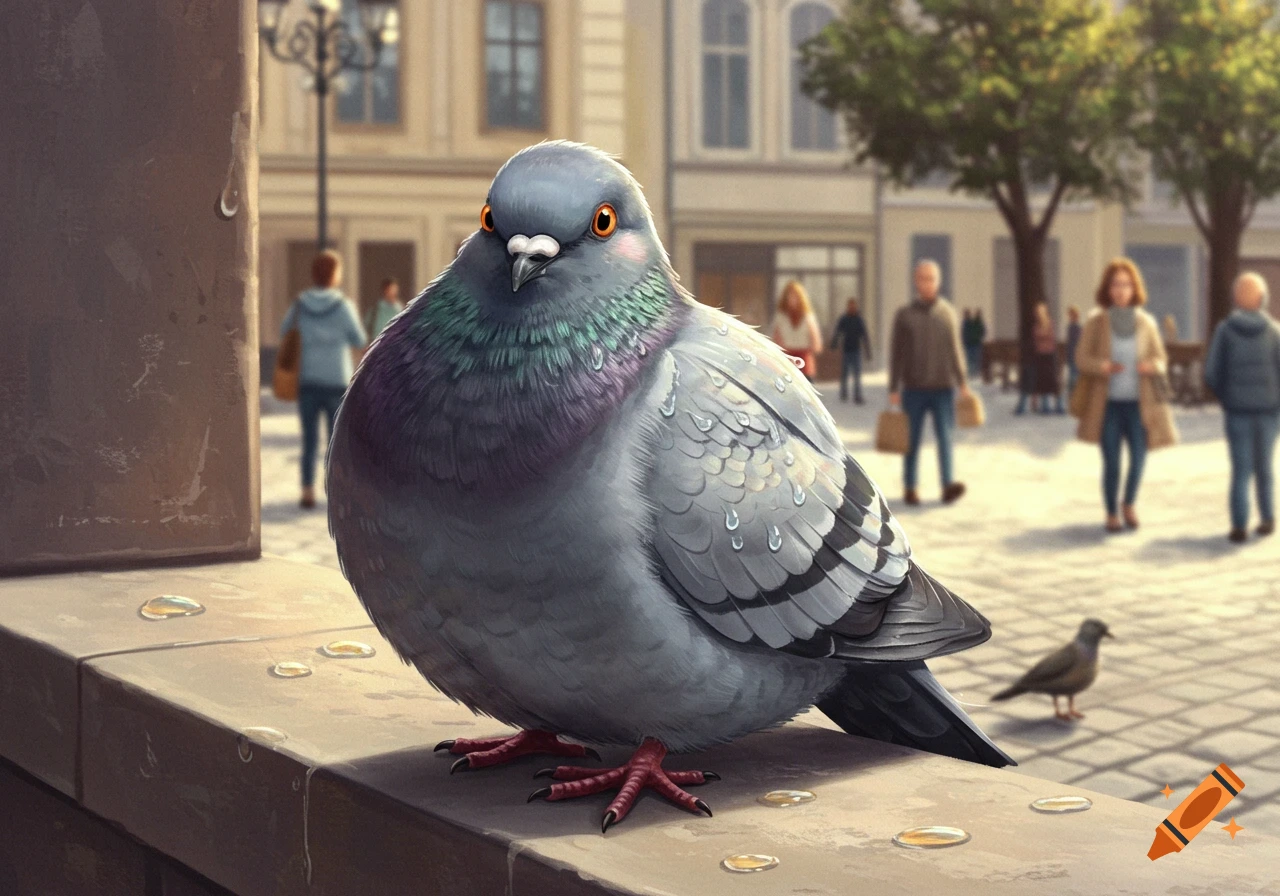 A detailed illustration of a plump pigeon sitting on a stone ledge in a busy city square.
