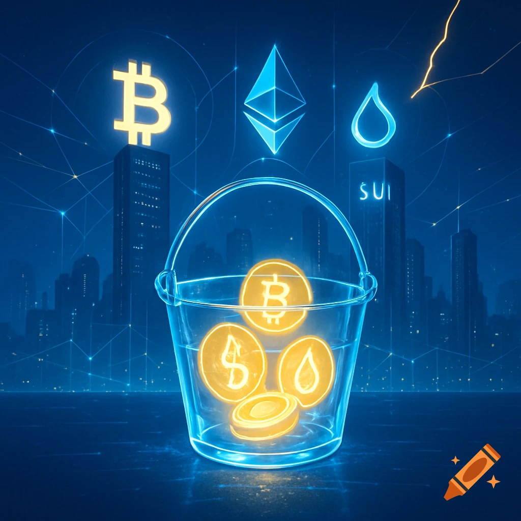 A glowing blue digital cityscape background with Bitcoin, Ethereum, and SUI symbols. A transparent bucket holds glowing Bitcoin and water drop coins.