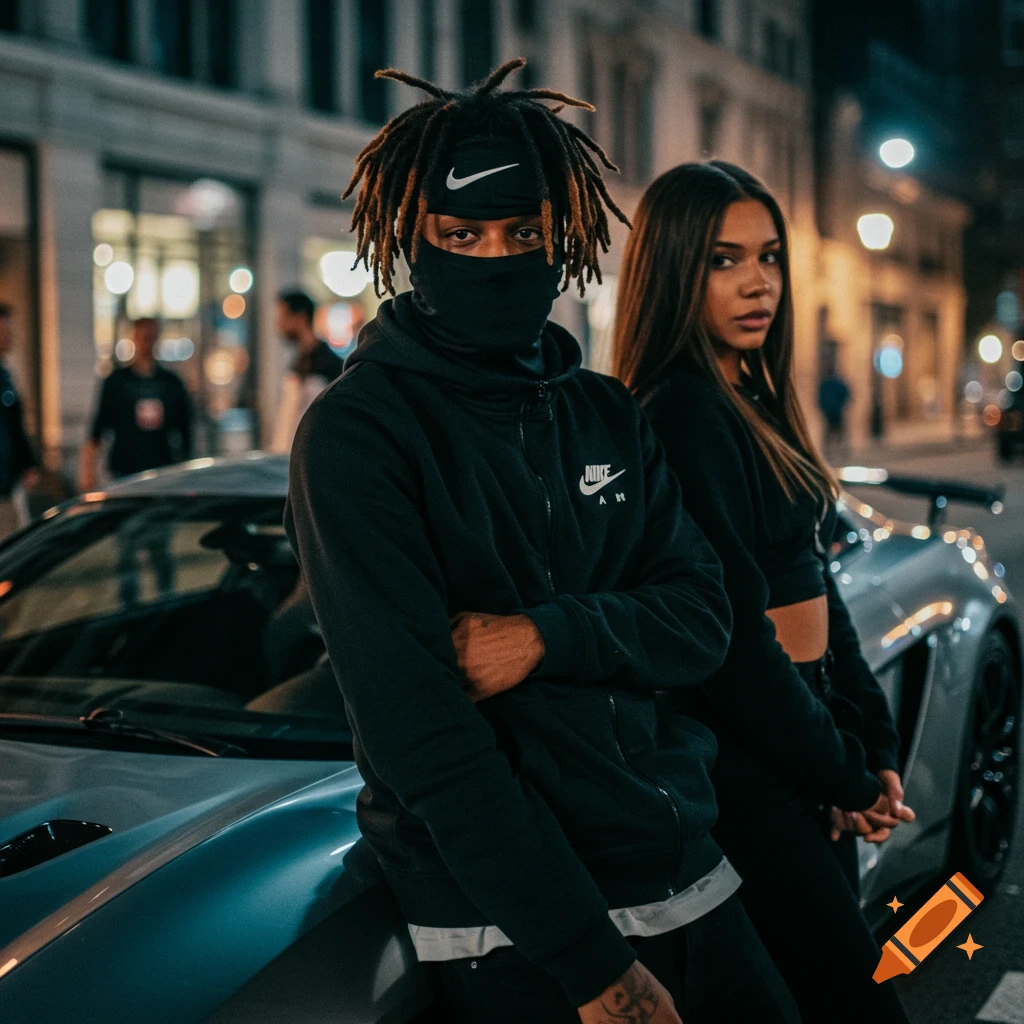 A man in a Nike ski mask and a woman pose next to a fast car on a city street at night.