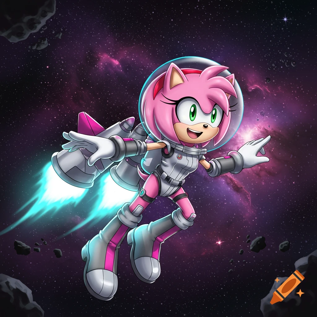 Amy Rose from Sonic the Hedgehog, wearing a pink and white spacesuit, flies through space with a jetpack among stars and asteroids.