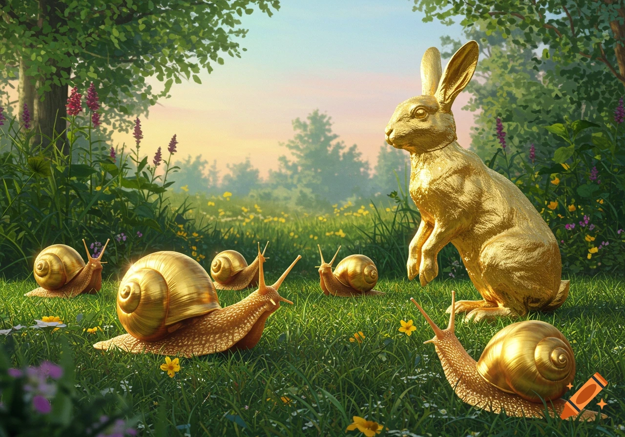 A golden rabbit stands in a vibrant green field surrounded by several golden snails, with flowers and trees in the background.