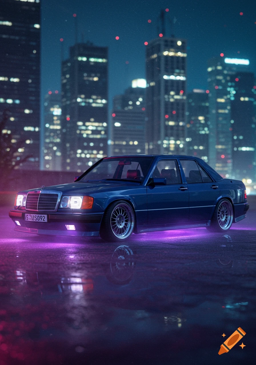 A blue Mercedes-Benz 230E with purple underglow sits on a wet street at night, reflecting city lights and a towering skyline.