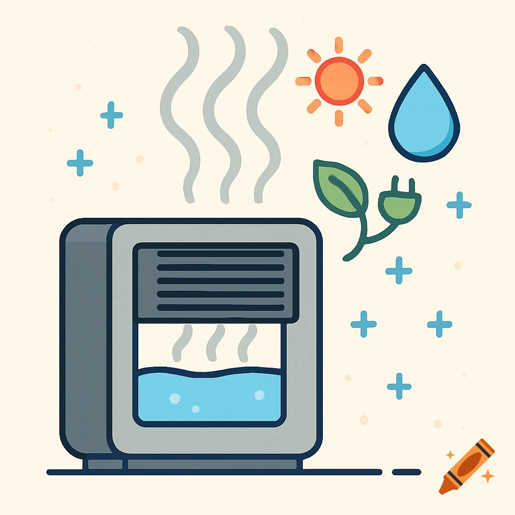 Flat cartoon illustration of a humidifier with steam, a sun, water drop, and green energy plug.