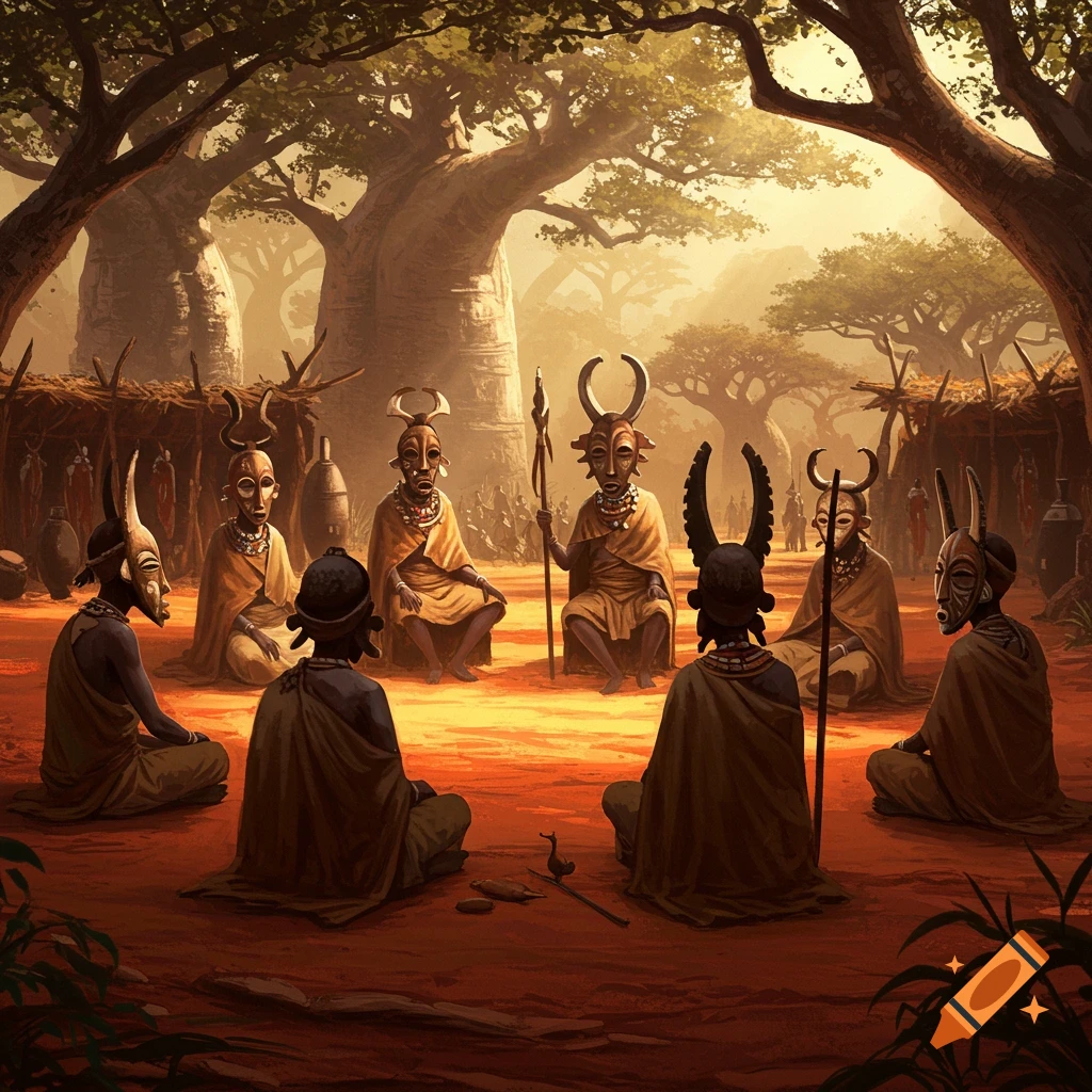 A group of robed figures wearing horned masks sit in a circle under large trees in an arid, stylized landscape.