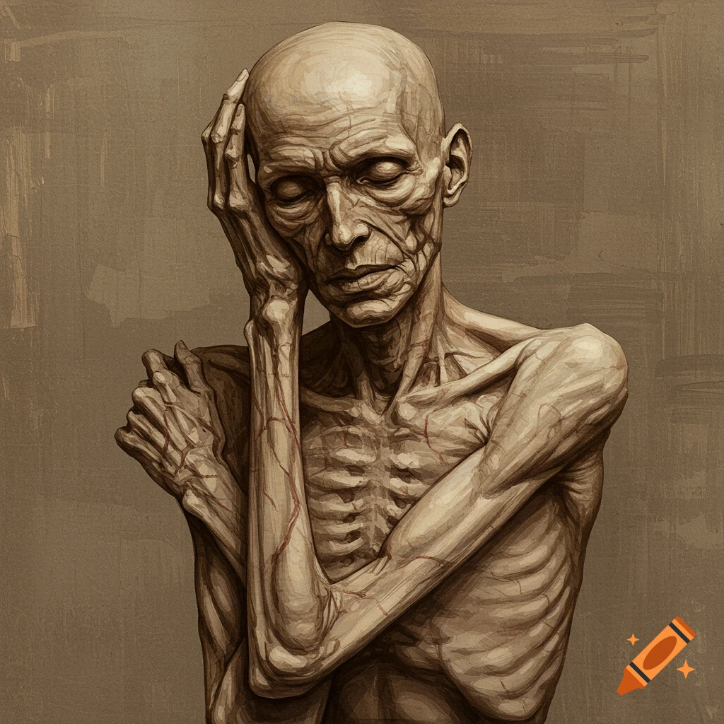 An Egon Schiele-style painting of an emaciated human figure with a hand on their head and eyes closed, in muted brown tones.